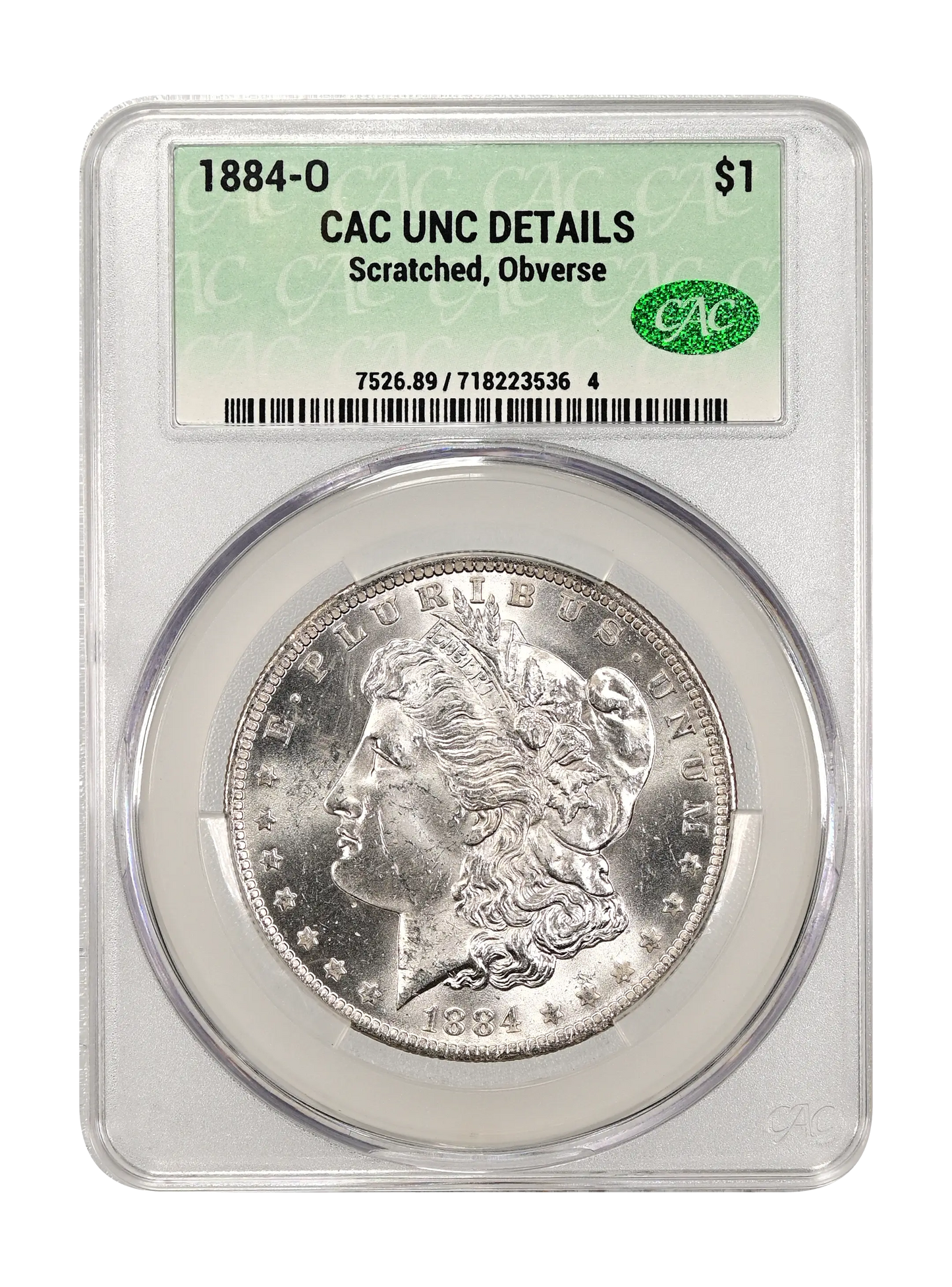 1884-O Morgan Dollar $1 – CAC Graded UNC Details – Obverse Scratched – Affordable Premium Holder