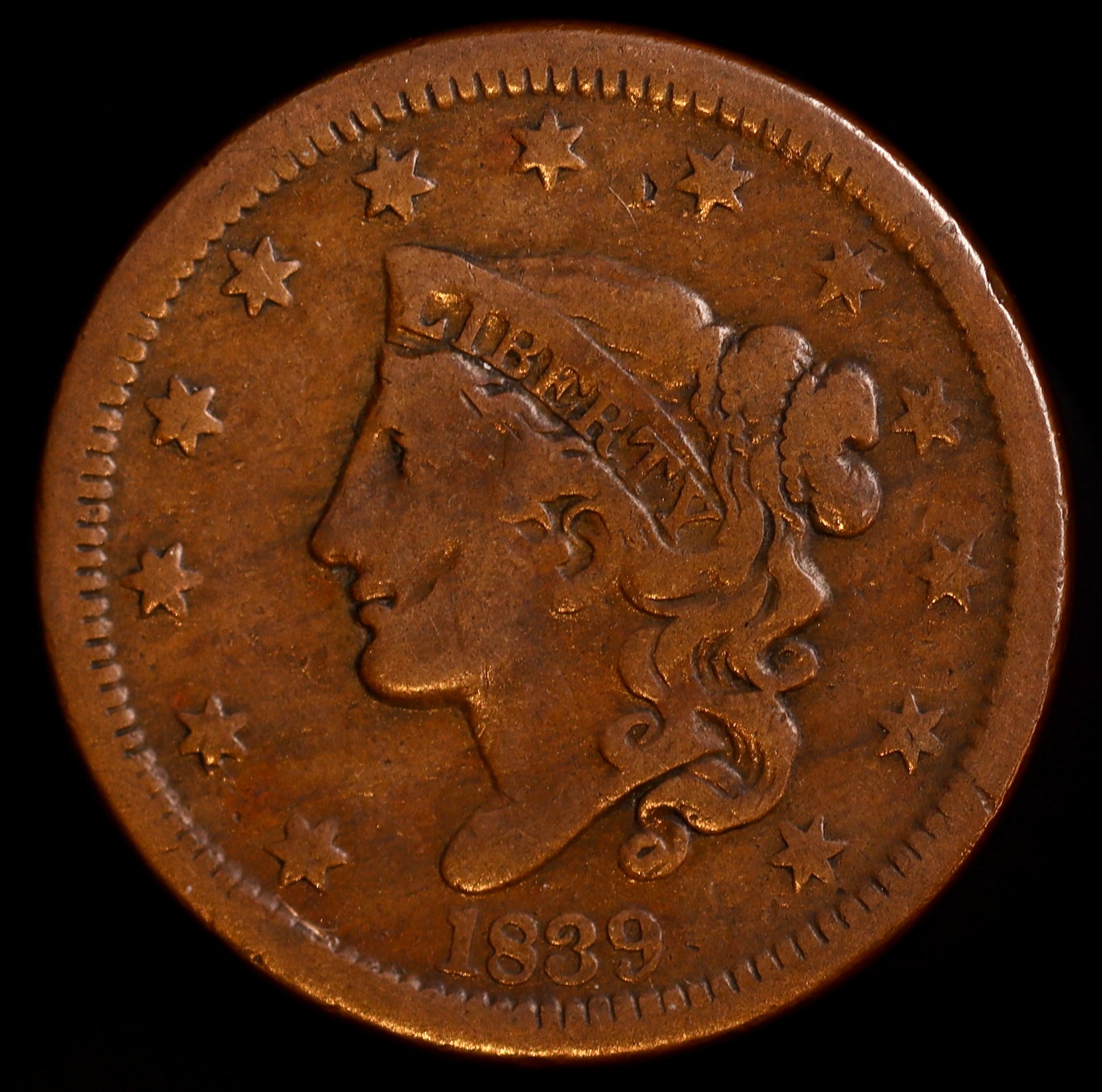 High-resolution photo of 1839 Coronet Head Large Cent, Head of 1838 variety, obverse with beaded hair cord
