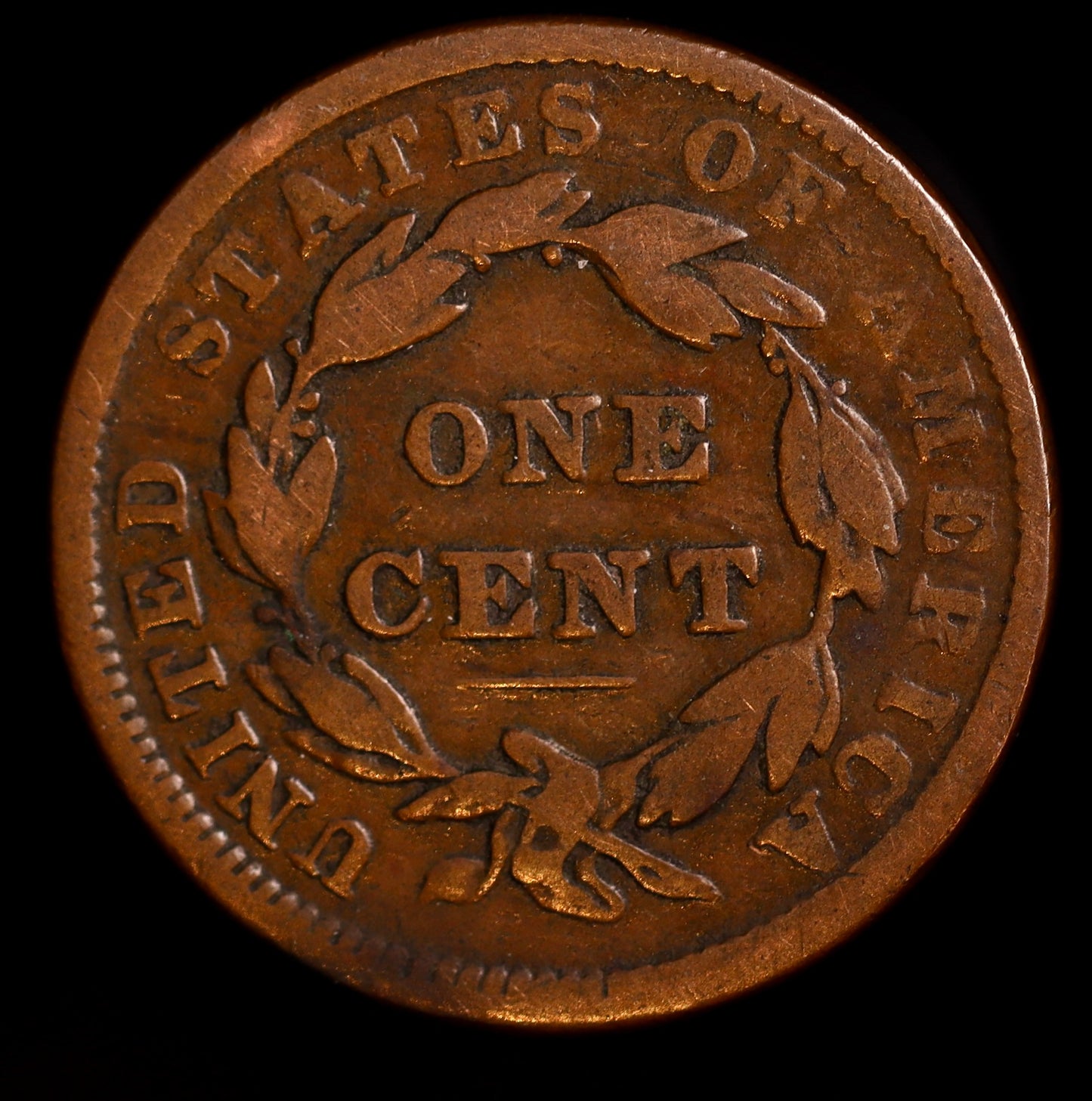 High-resolution photo of 1839 Coronet Head Large Cent, reverse with ONE CENT wreath design